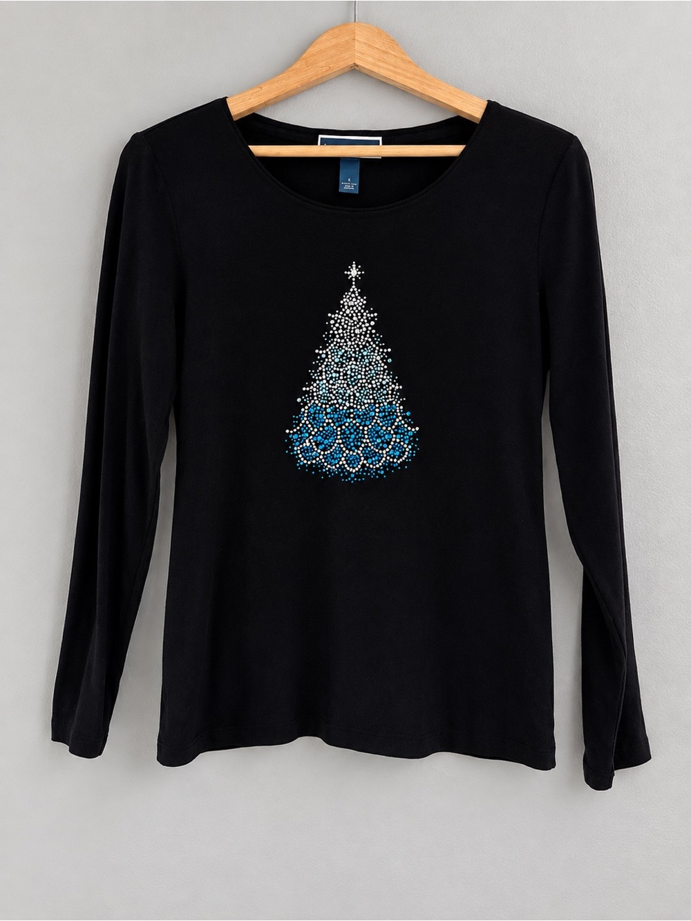 Karen Scott Women’s S Black Rhinestone Christmas Tree Holiday Long Sleeve Top